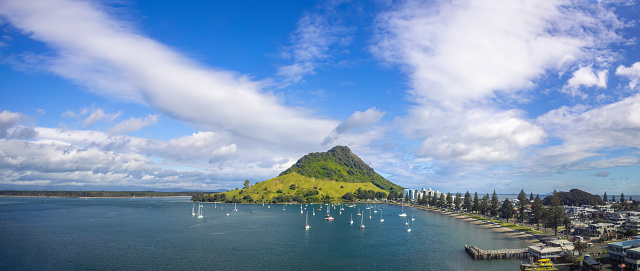 Tauranga harbour and Bay of Plenty scenic shore line with Mount Maunganui.