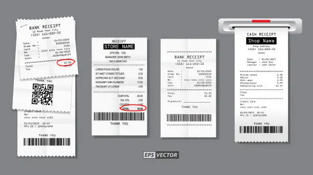 Vector illustration of set of register sale receipt or cash receipt printed on white paper concept. 3D Render