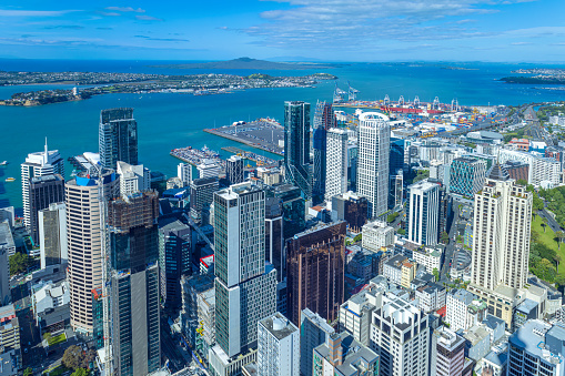 Scenic panoramic views of Auckland skyline and financial downtown city center.