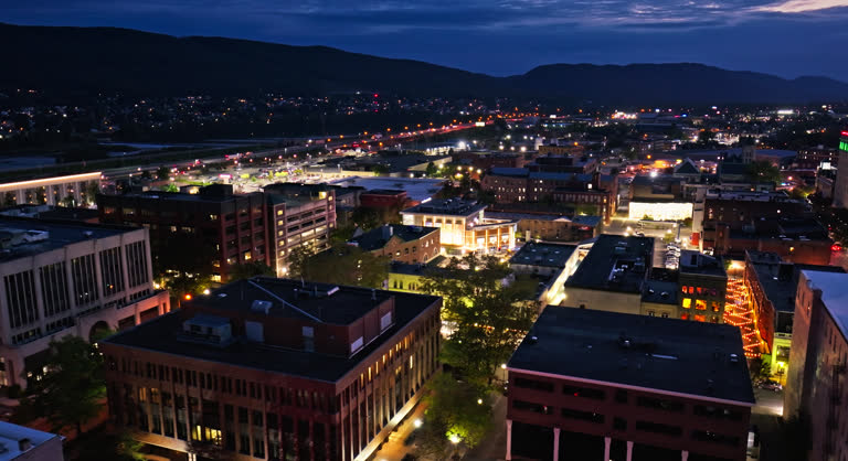 Aerial Establishing Shot of Town in Lycoming County, Pennsylvania at Twilight