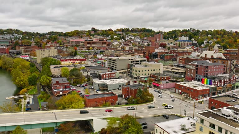 Forward Aerial of Morgantown, West Virginia on Overcast, Fall Day