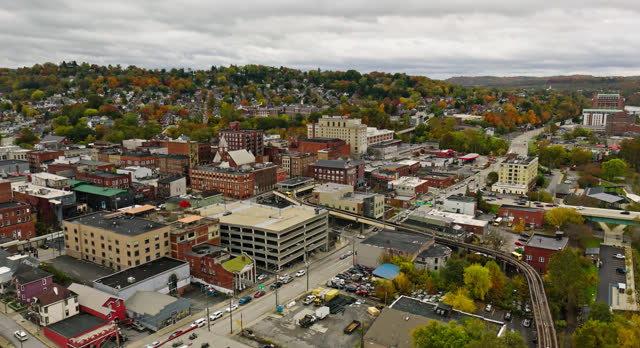 Establishing Aerial of Morgantown, West Virginia on Cloudy, Fall Day