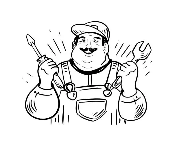 Vector illustration of Plumber worker holding wrench and screwdriver.Handyman