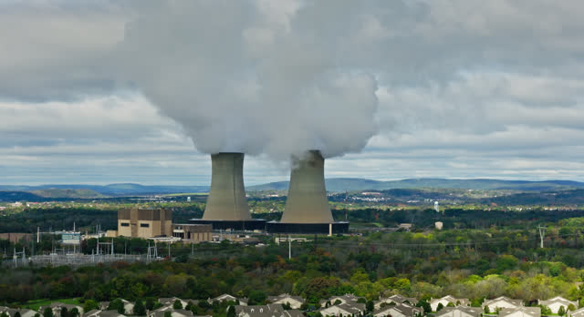 Rightward Flying Drone Shot of Cooling Towers in Limerick Generating Station