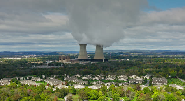 Static Aerial Shot of Nuclear Power Plant in Montgomery County, Pennsylvania on Overcast Day