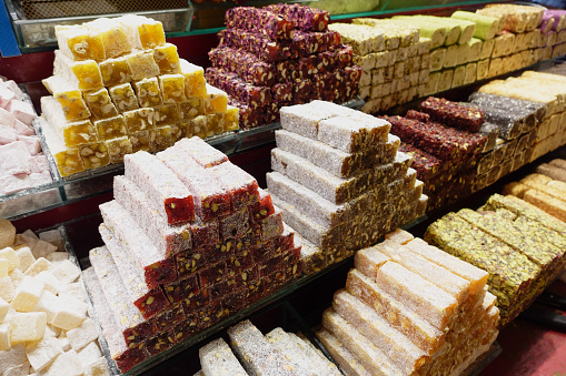Turkish traditional sweet Turkish delight sold in the market. High quality photo