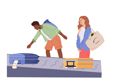 People get bags in airport terminal. Scene with man and woman at airport baggage claim area. Passengers at conveyor belt with luggage. Cartoon flat vector illustration.