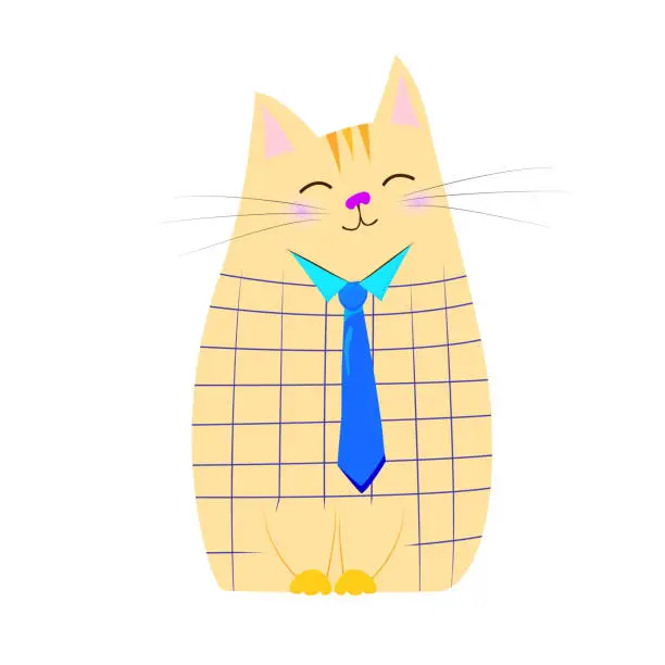 Vector illustration of A cartoon cat dressed in a jacket and tie stands with his eyes closed.