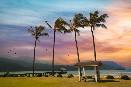 Sunset over Hanalei Bay in Kauai Hawaii USA