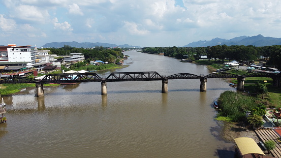An aerial view of the Bridge over the River Kwai in Kanchanaburi, Thailand.