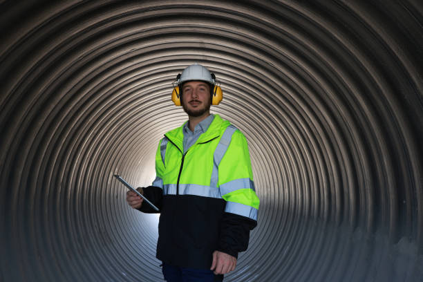 istock Chief engineer with green reflective safety jacket check project progression 1883020056