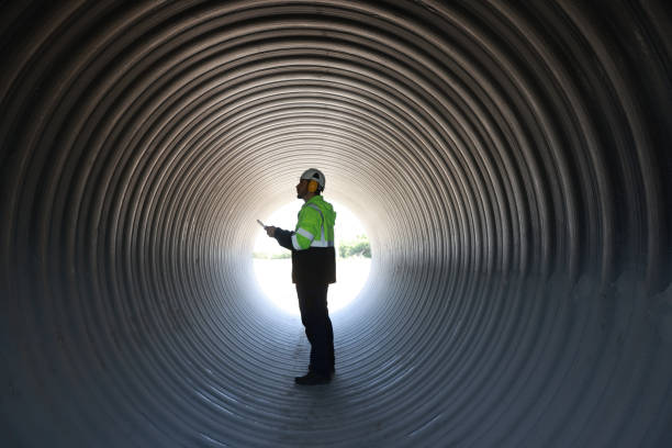 Civil engineer with green reflective safety jacket working in a huge tube at construction site line