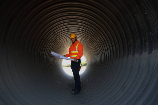 ingegnere civile con giubbotto di sicurezza riflettente arancione che lavora in un enorme tubo alla linea del cantiere - engineer environment orange manual worker foto e immagini stock