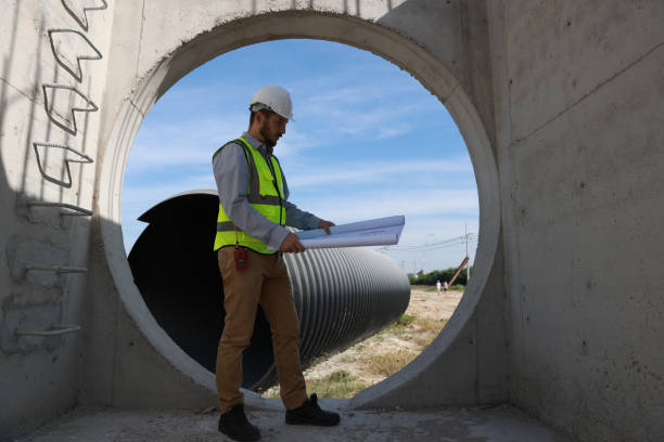 istock A structural engineer is standing at work at the end of a drainpipe. 1883021597