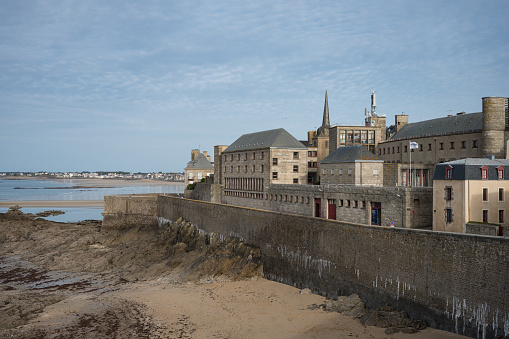 Port at low tide of Saint Servan who is a district of Saint Malo, a walled city in Brittany in northwestern France on the English Channel. It is a sub-prefecture of the Ille-et-Vilaine department.