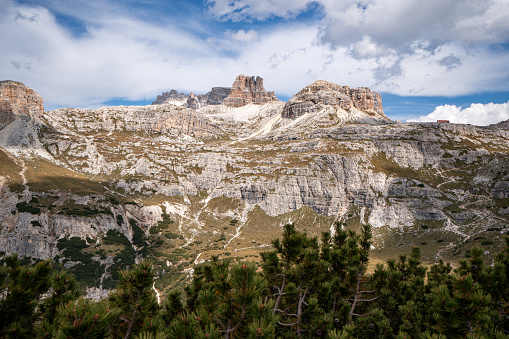 A stunning view of the Three Peaks of Lavaredo, Dolomites Mountain, South Tyrol, Italy.