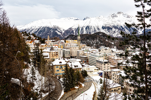 24.12.2023, St. Moritz, Switzerland. Aerial view of the famouse resort. Winter time.
