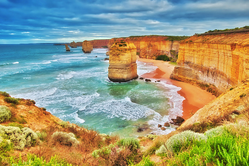 The 12 Apostles, Port Campbell National Park, Shipwreck Coast, Great Ocean Road, Victoria, Australia, in overcast stormy weather