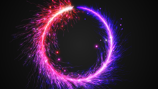 Abstract technology futuristic circles glowing purple and red light lines with speed motion blur effect on dark black background