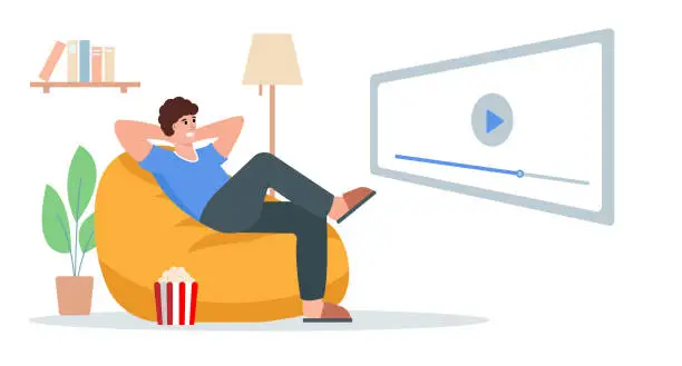 Vector illustration of Young man sitting on armchair and watching movie at home.
