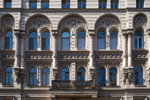 Close up of facades old history building in St. Peterburg, Russia