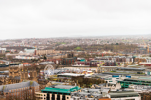 Downtown of Bristol, view from the Top Cabot Tower, England. Evening of an overcast day