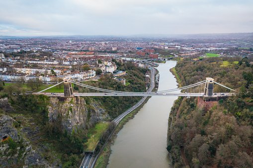 Aerial view of the landmark of Bristol, Clifton Suspension Bridge and Clifton Observatory, in a overcast day, winter.