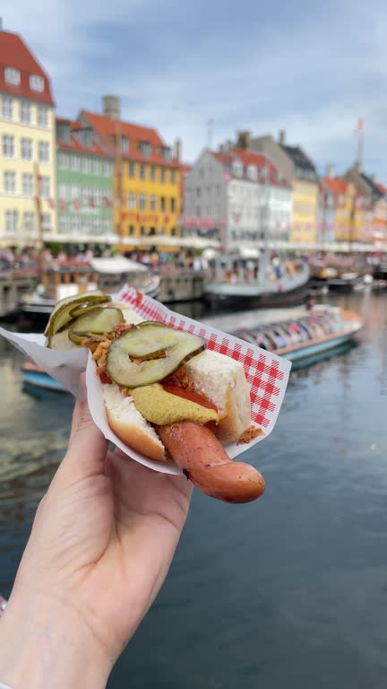 POV shot of a woman's hand holding a hot dog  in Copenhagen, Denmark