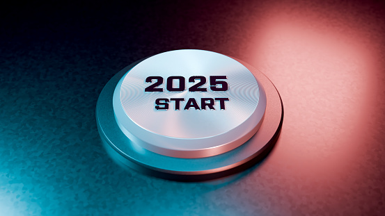 Abs 2025 year launch button - 3d rendered stylized image new years event. From 2024 to 2025. Modern style concept. No people.