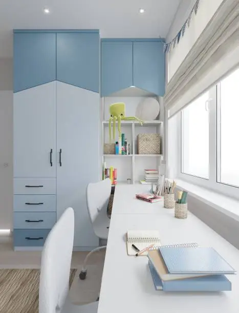 3d render of Blue Wardrobe for Kid's room for children with a few open shelves in blue, dark blue and white colors. Table with chairs for studding children near the window. A few toys and books on shelves.