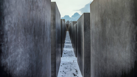 Berlin, Germany - November 2019: The Memorial to the Murdered Jews of Europe, or Holocaust Memorial is a memorial in Berlin to the Jewish victims during World War II.