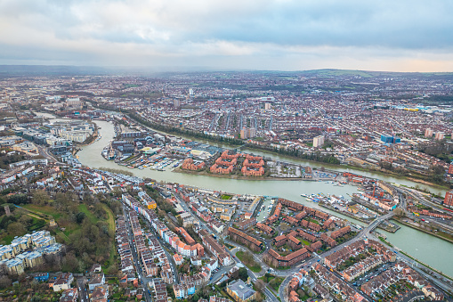 beautiful aerial view of the River Avon and downtown area of Bristol, UK, overcast daytime