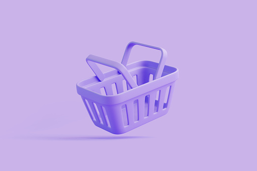 Flying cartoon shopping basket on purple background. Minimal style empty grocery shopping cart. 3D render illustration