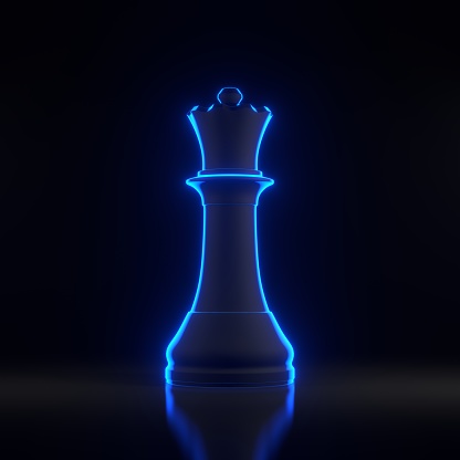 Queen chess with bright glowing futuristic blue neon lights on a black background. Chess game figurine. leader success business concept. Chess pieces. Board games. Strategy games. 3D render
