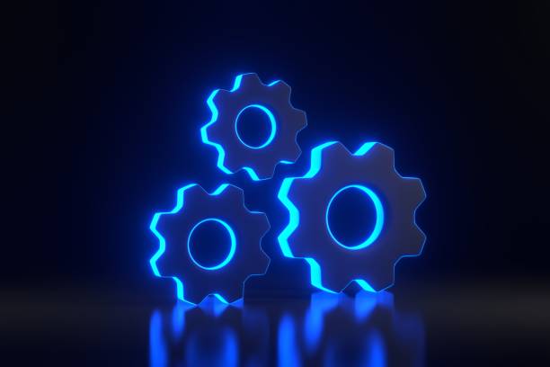 Gears with bright glowing futuristic blue neon lights on black background