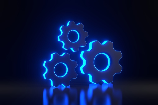 Gears with bright glowing futuristic blue neon lights on black background. 3D render illustration