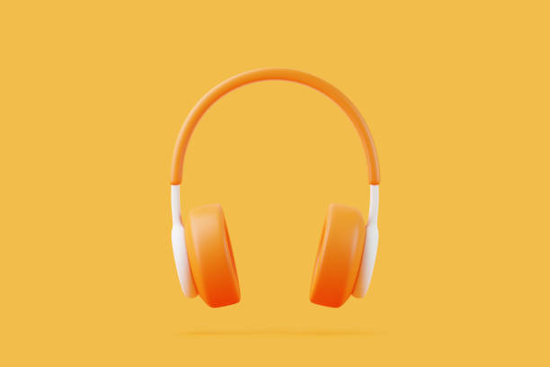 istock Cartoon headphones flying on orange background 1883337721