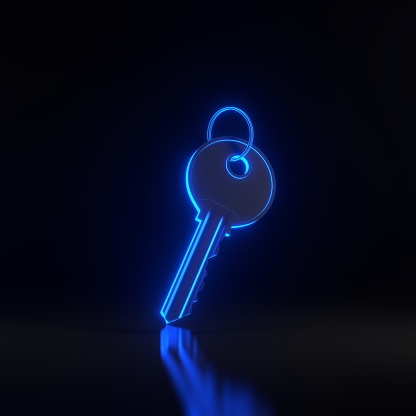 Door key with ring with bright glowing futuristic blue neon lights on black background. 3D render illustration