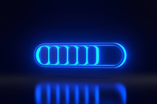 Minimal progress bar part symbol with bright glowing futuristic blue neon lights on black background. Loading concept. 3D render illustration
