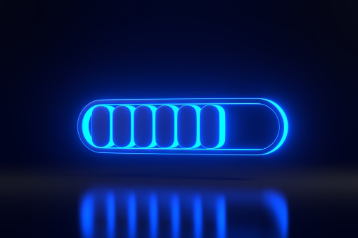 Minimal progress bar part symbol with bright glowing futuristic blue neon lights on black background. Loading concept. 3D render illustration