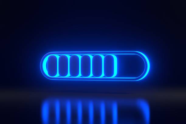 Minimal progress bar part symbol with bright glowing futuristic blue neon lights on black background Minimal progress bar part symbol with bright glowing futuristic blue neon lights on black background. Loading concept. 3D render illustration download festival stock pictures, royalty-free photos & images
