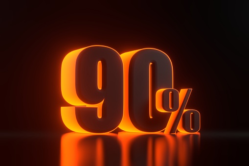 Ninety percent sign with bright glowing futuristic orange neon lights on black background. 90% discount on sale. 3D render illustration