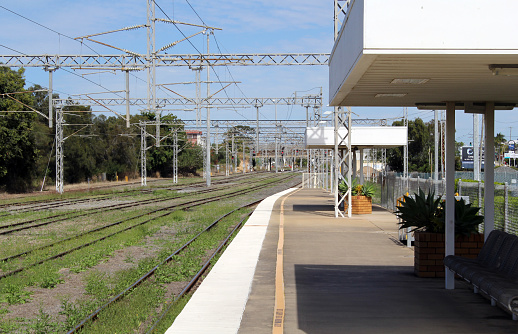 Gladstone, Queensland, Australia - September 11, 2022: Platform and tracks at the Gladstone Railway Station