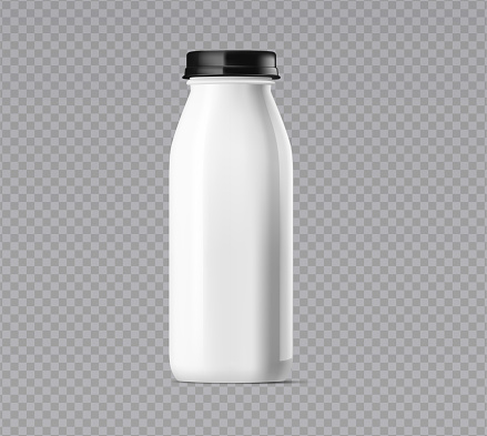 Elegant white plastic bottle with black lid for milk-based products. Isolated vector image, front view with space for custom branding design. Vector illustration.
