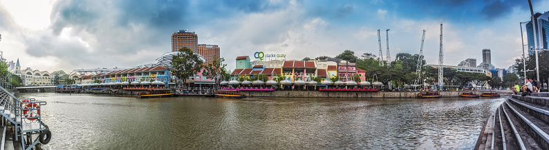 Panorama of Clarke Quay, Singapore on the banks of the Singapore River
