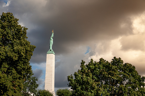 Picture of the freedom monument of Riga, latvia. The Freedom Monument (or: Brivibas piemineklis) is a monument located in Riga, Latvia, honouring soldiers killed during the Latvian War of Independence (19181920). It is considered an important symbol of the freedom, independence, and sovereignty of Latvia. Unveiled in 1935, the 42-metre (138 ft) high monument of granite, travertine, and copper often serves as the focal point of public gatherings and official ceremonies in Riga.
