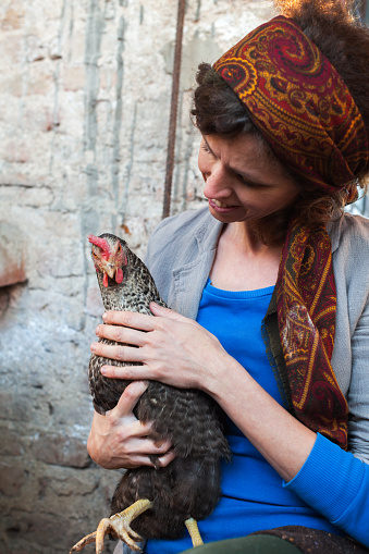 Joyful Woman Cares for Her Flock of Hens in the Domestic Chicken Coop