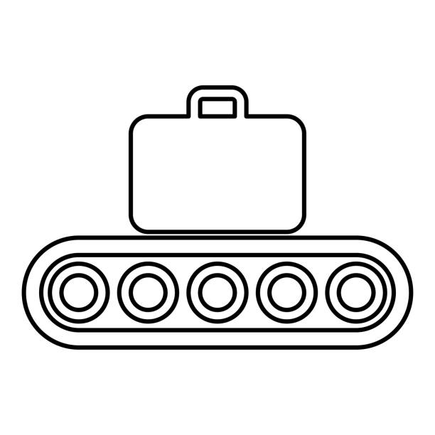 ilustrações de stock, clip art, desenhos animados e ícones de conveyor belt airport tape baggage passengers luggage suitcase production line automated manufacturing contour outline line icon black color vector illustration image thin flat style - conveyor system audio