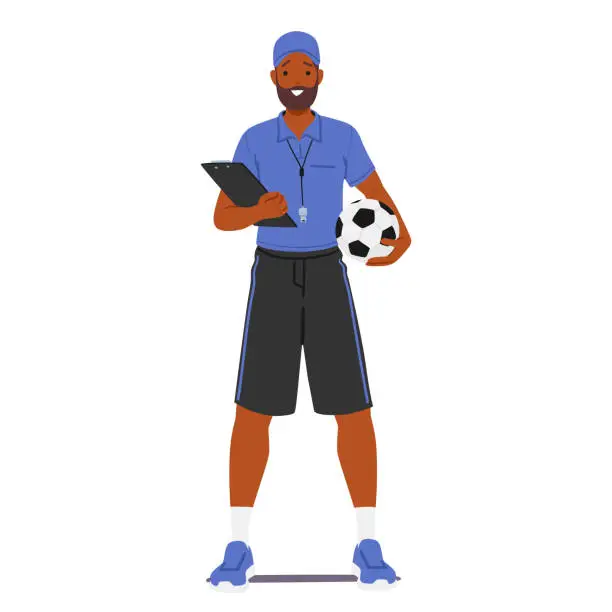 Vector illustration of Energetic Male Physical Training Teacher, Holding A Ball And Clipboard, Motivates Students With Dynamic Workouts.