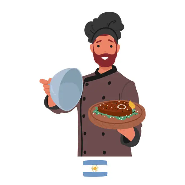 Vector illustration of Argentine Chef Proudly Presents A Tray With Succulent Grilled Meat, The Aroma Of Sizzling Flavors Filling The Air